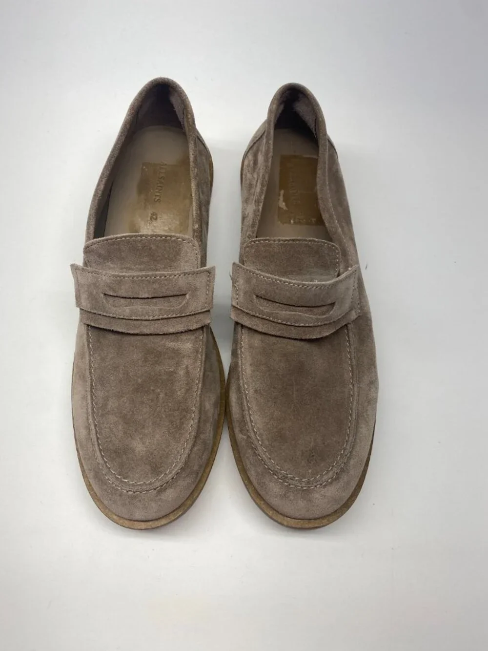 ALL SAINTS Mens Sam Taupe Suede Penny Loafer Sz 9